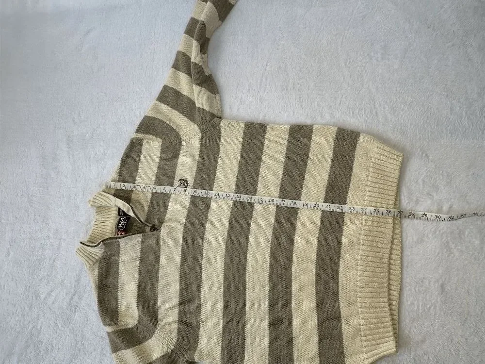 Chaps 100% Cotton 1/4 Zip Pullover Sweater Tan/Beige Stripe Size L Fair Isle